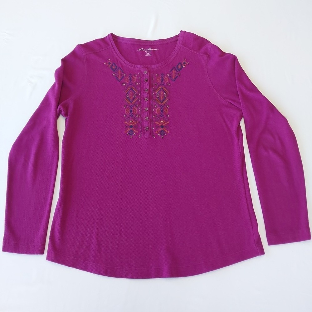 Eddie Bauer Multi Purple Wine Long Sleeve Henley Waffle Knit T-Shirt. Size XL